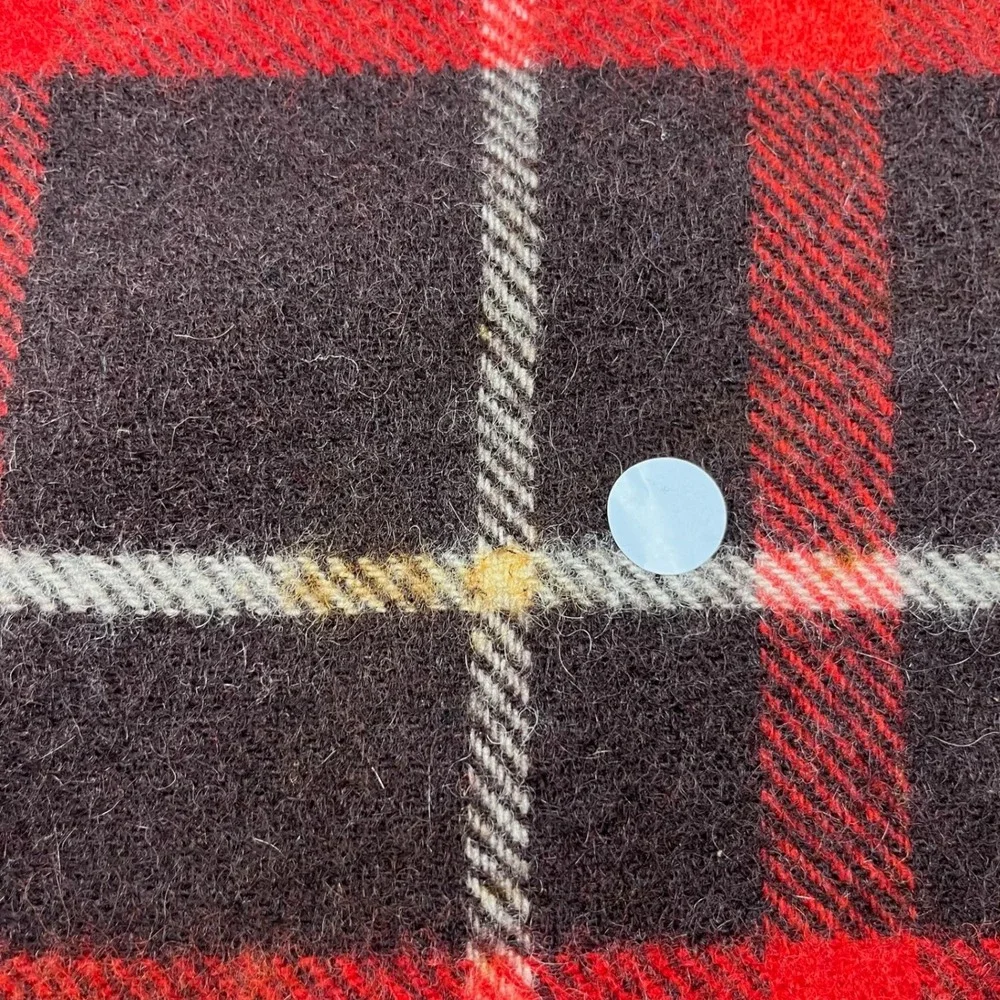 Vtg 60s Seymour Wool Blanket 64x55 All Wool Brown Red Plaid Fringe Made in USA